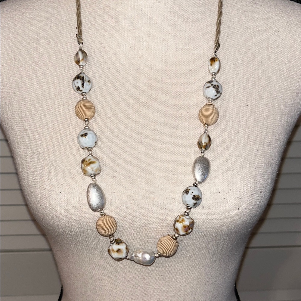 Beaded Necklace with Silver and Tan Accents - Beads- Crafting